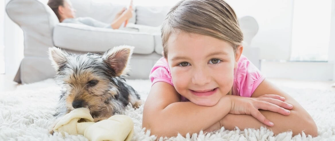child and puppy playing on carpet