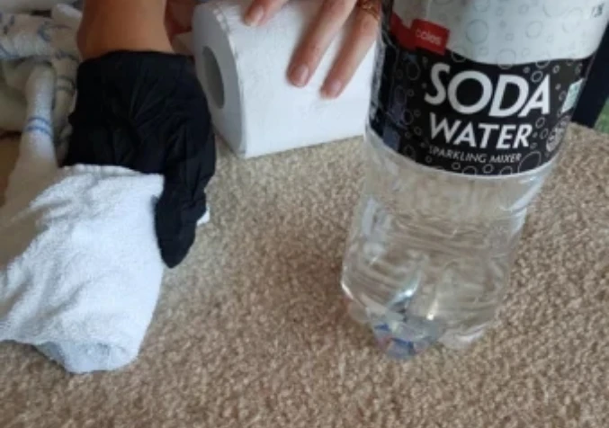 applying soda water on spilt coke on carpet