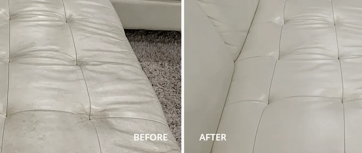 Side-by-side comparison of a white leather sofa before and after professional stain removal and cleaning.