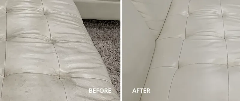 Side-by-side comparison of a white leather sofa before and after professional stain removal and cleaning.