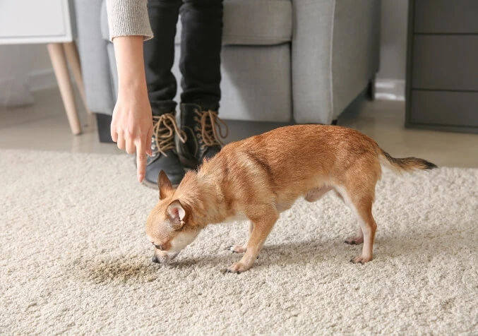 chihuahua being scolded for peeing on carpet