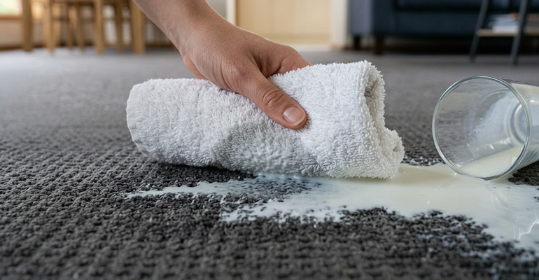 Blotting milk stain from carpet using a towel