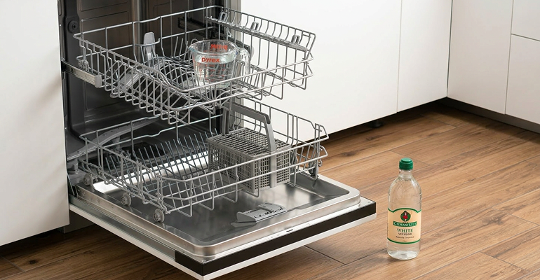 Placing vinegar in dishwasher for natural cleaning