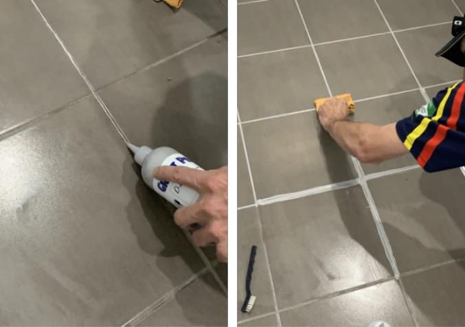 Electrodry technician applying a colour selant on bathroom grout