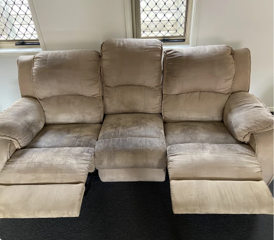 Dirty Light Brown Fabric Reclining Sofa Before Cleaning