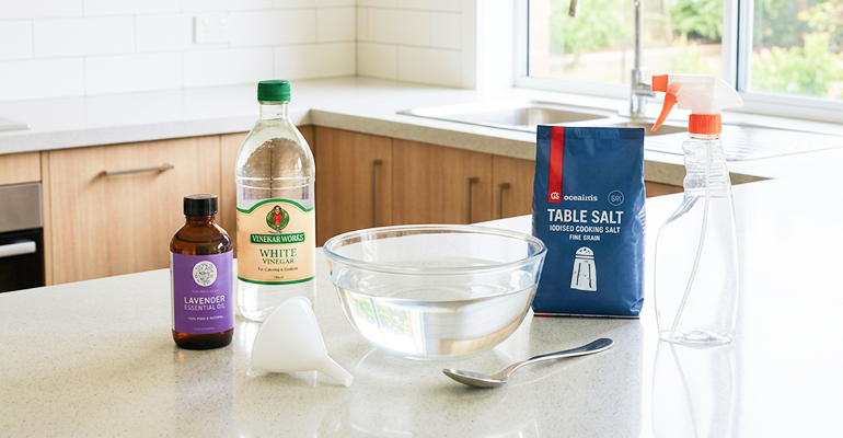 DIY carpet cleaning solution ingredients including vinegar, salt, water, and spray bottle