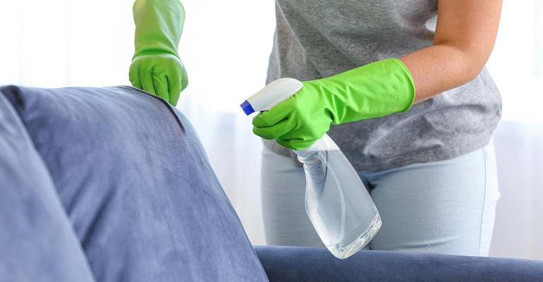 DIY vinegar and water spray being applied to a sofa to neutralise odours
