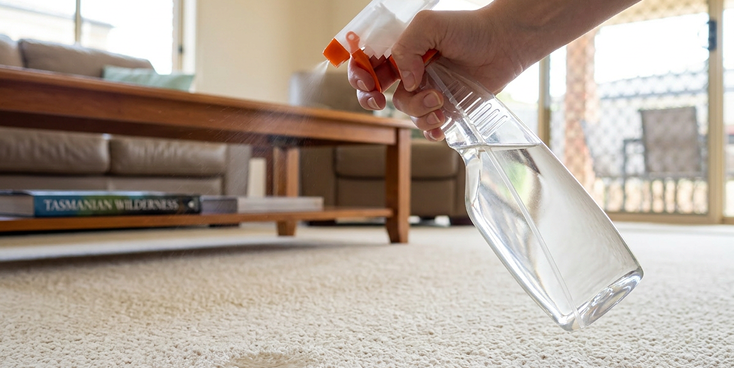 Spraying homemade carpet cleaning solution onto carpet stain