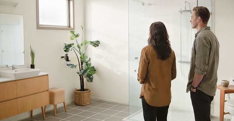 Prospective tenants inspecting a bathroom where clean tiles influence rental appeal
