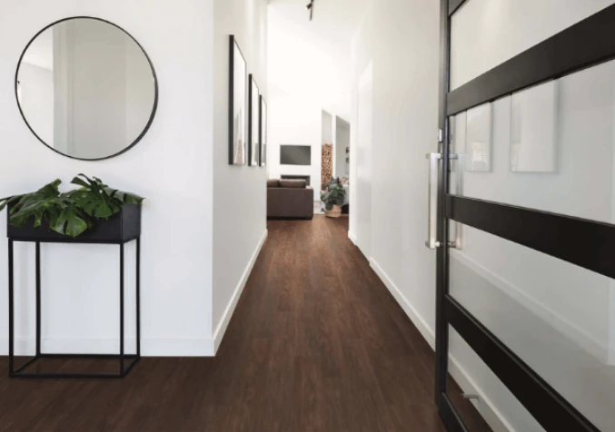 living room and hallway with vinyl plank floors