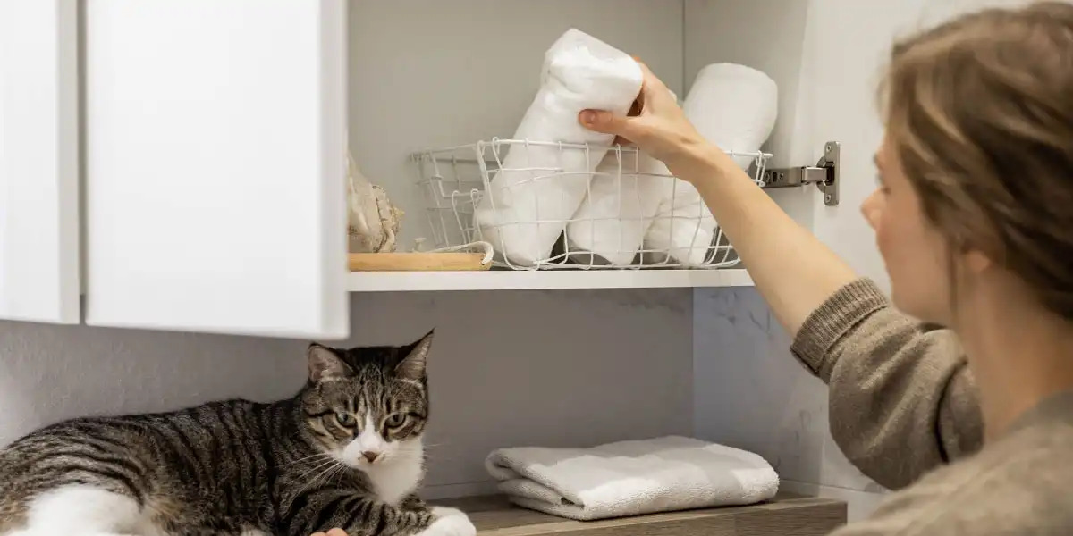 cat watching their human organise the bathroom drawer