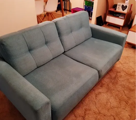 Blue Green Fabric Couch With Stains After Cleaning