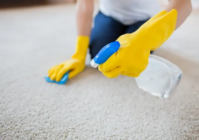Person wearing yellow gloves scrubbing carpet with a brush and spray bottle.