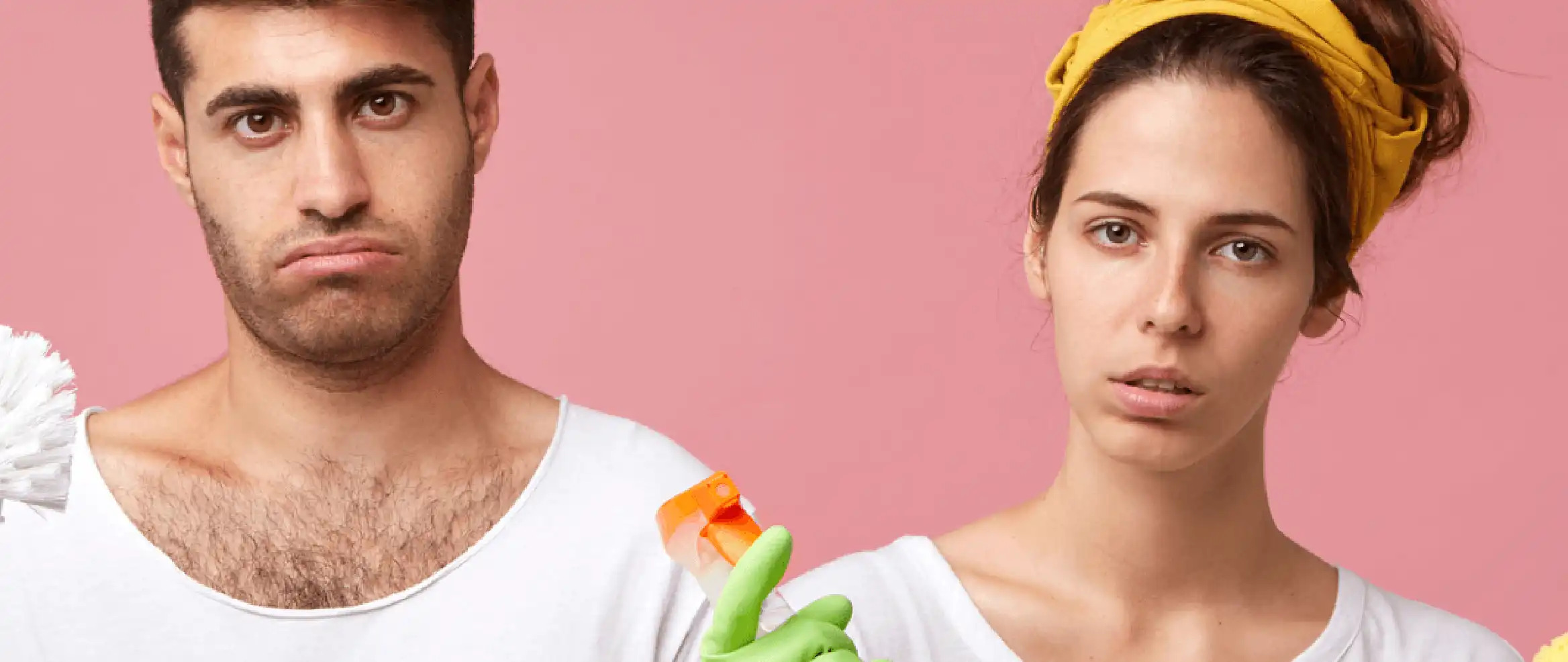 man and woman exhausted from cleaning