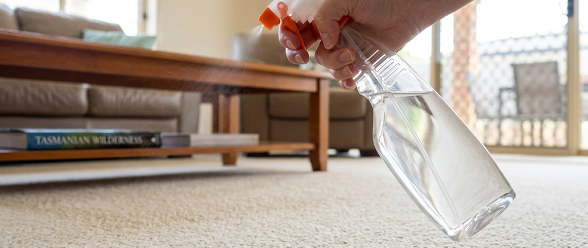 Spraying homemade carpet cleaning solution onto carpet stain