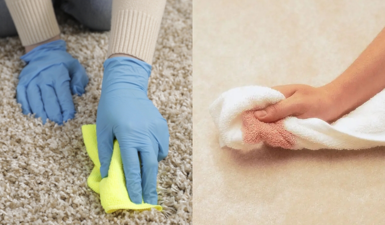 Sponging cold water onto carpet to remove red cordial stain.