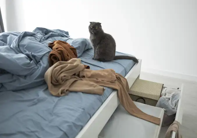 cat sitting on an undone bed