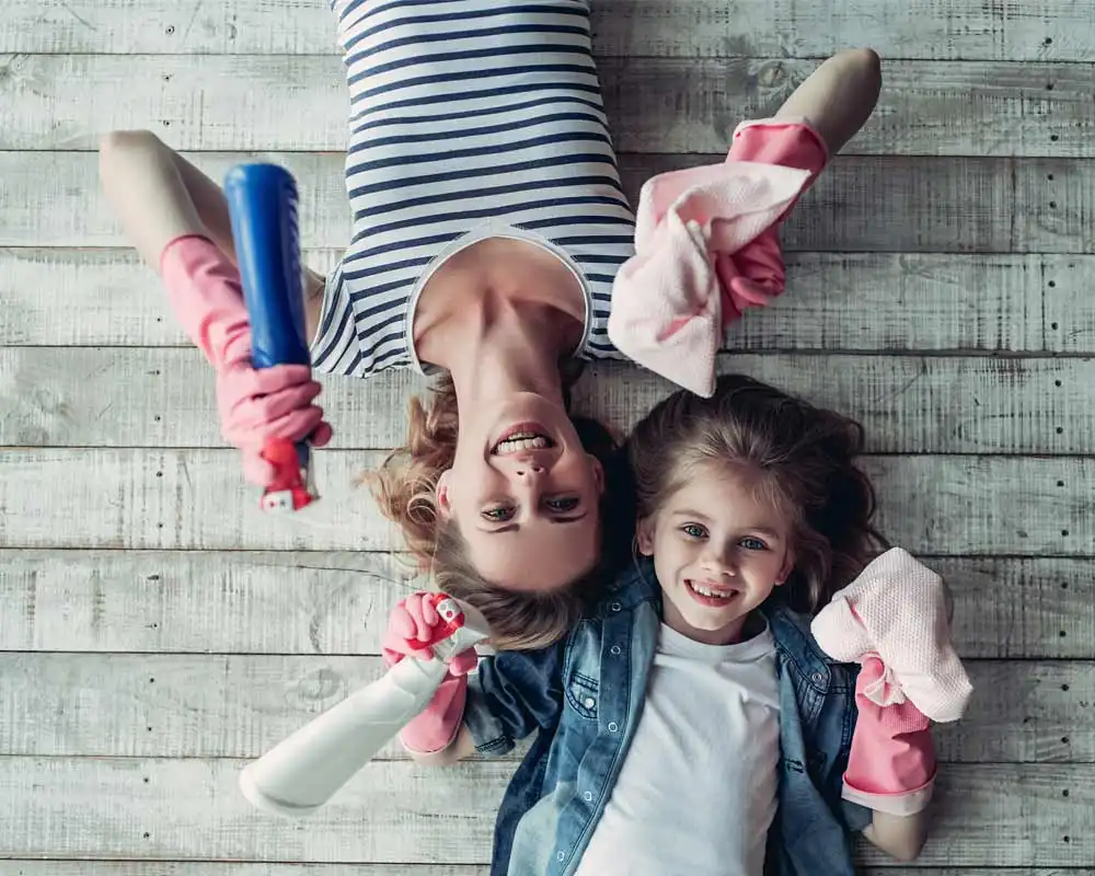 mom and daughter cleaning