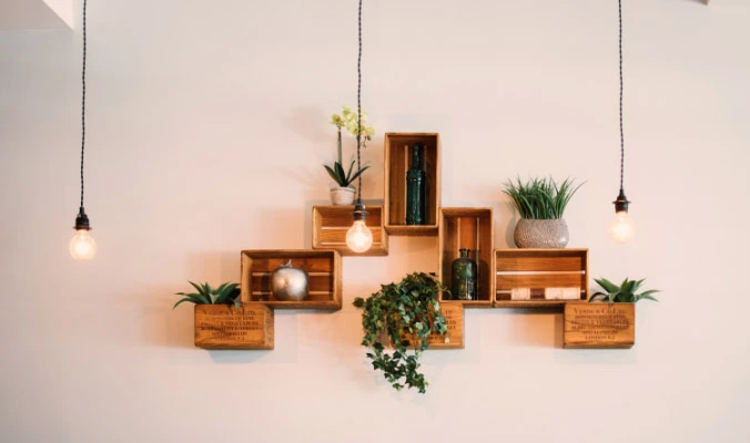 aesthetic wooden shelves on wall