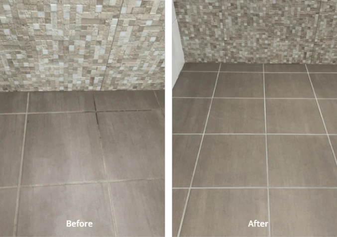 bathroom tile floors before and after a cleaning and grout colour sealing 3