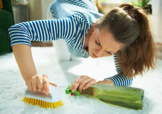 woman vigorously cleaning the carpet