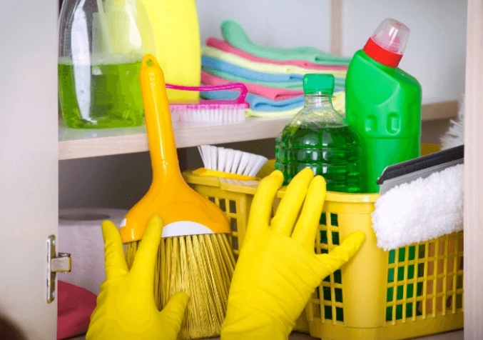 organised bathroom cleaning supplies