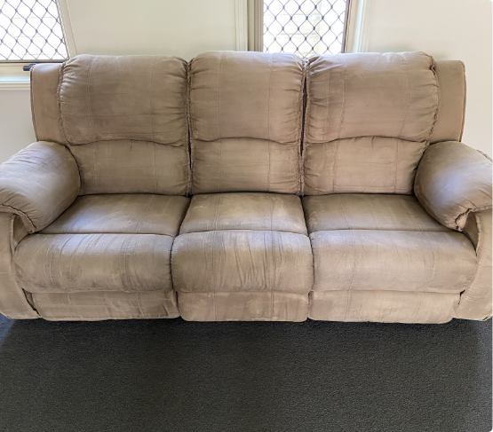 Dirty Light Brown Fabric Reclining Sofa After Cleaning