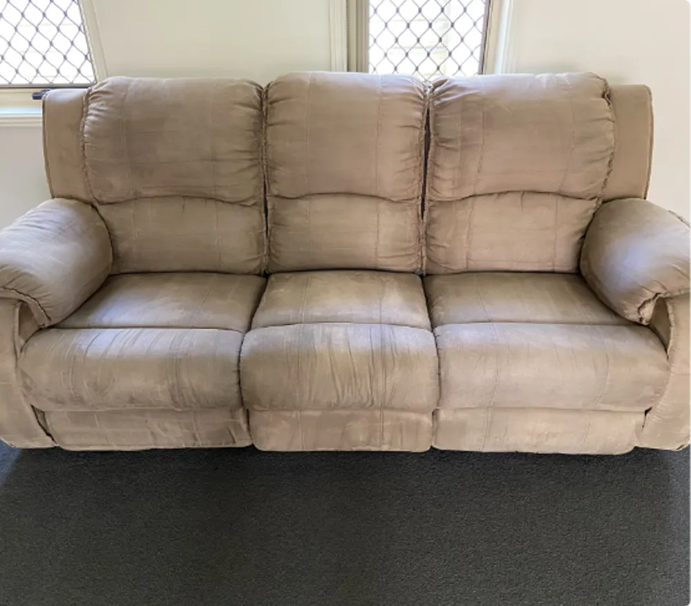 Dirty Light Brown Fabric Reclining Sofa After Cleaning