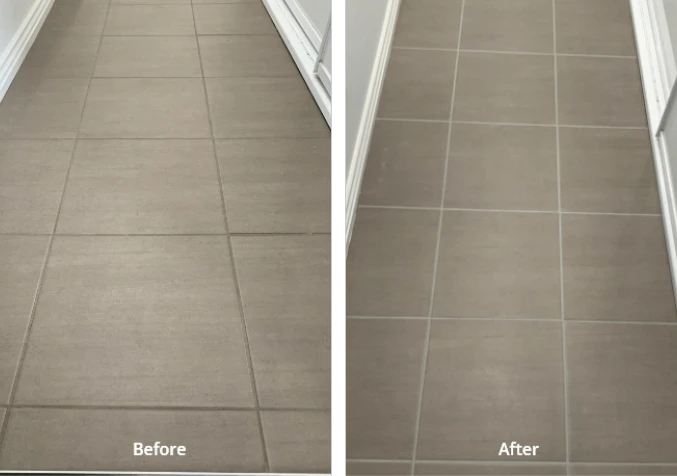 bathroom tile floors before and after a cleaning and grout colour sealing