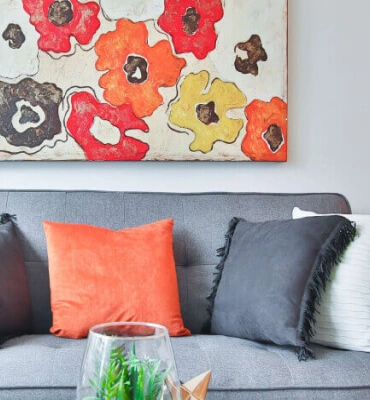 modern gray couch with chic throw pillows