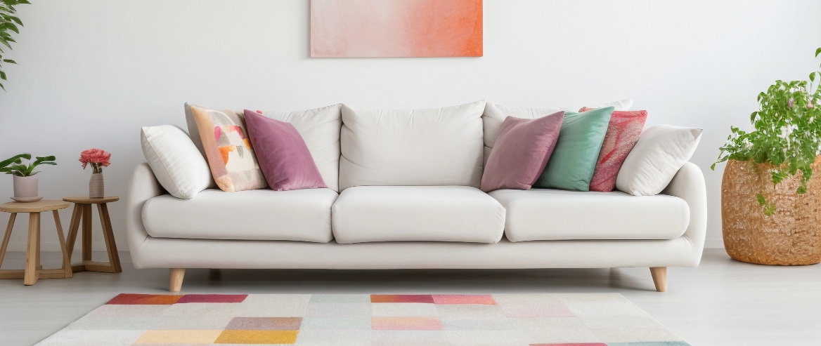 modern white couch with throw pillows
