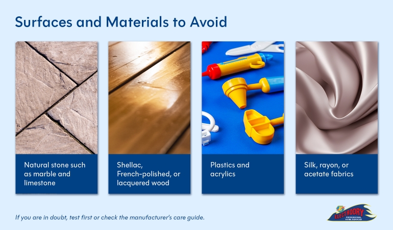 Materials to avoid when cleaning with rubbing alcohol including stone and wood
