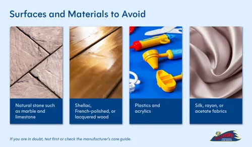 Materials to avoid when cleaning with rubbing alcohol including stone and wood