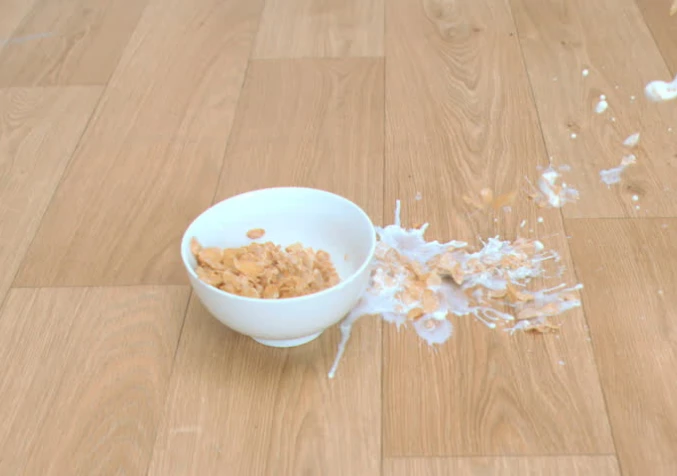 spilt bowl of cereal and milk on wood floors