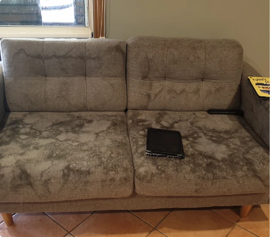 Brown Fabric Sofa With Water Severe Water Stains Before Cleaning