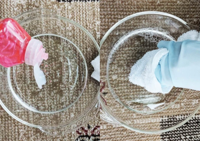 Mixing dish soap and cold water solution to remove remaining blood stains from carpet.