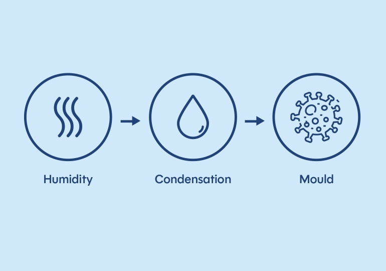 Diagram showing how indoor humidity and moisture cause mould growth
