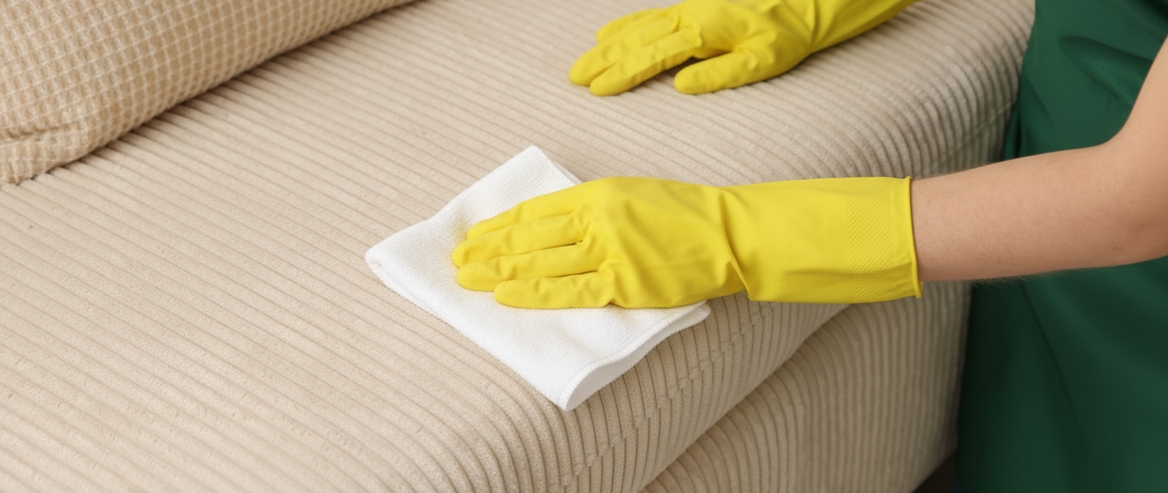 Person cleaning a fabric couch with a white cloth to remove an ink stain