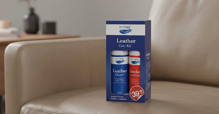 Leather sofa with a leather care kit containing cleaner and conditioner