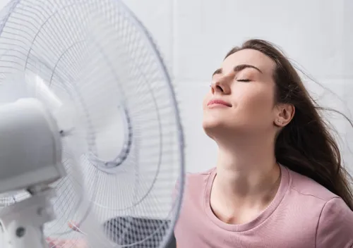 fan helping circulate cool air with air conditioner running.
