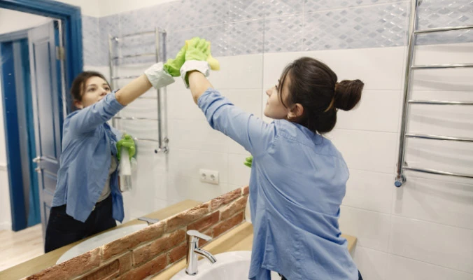 woman cleaning bathroom mirrors