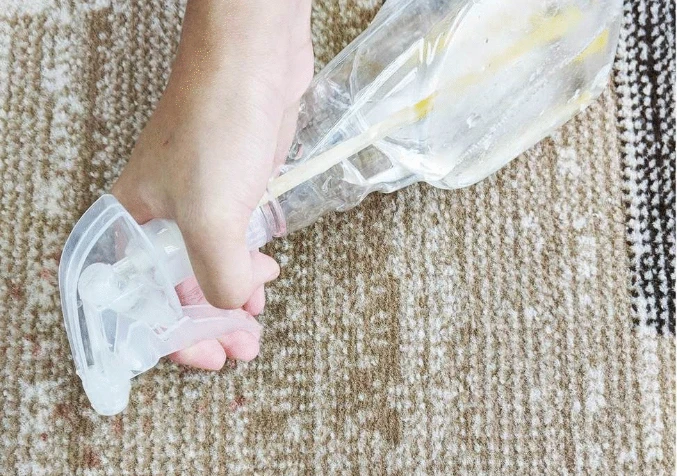 Using sponge and cold water to rinse blood stain from carpet safely.