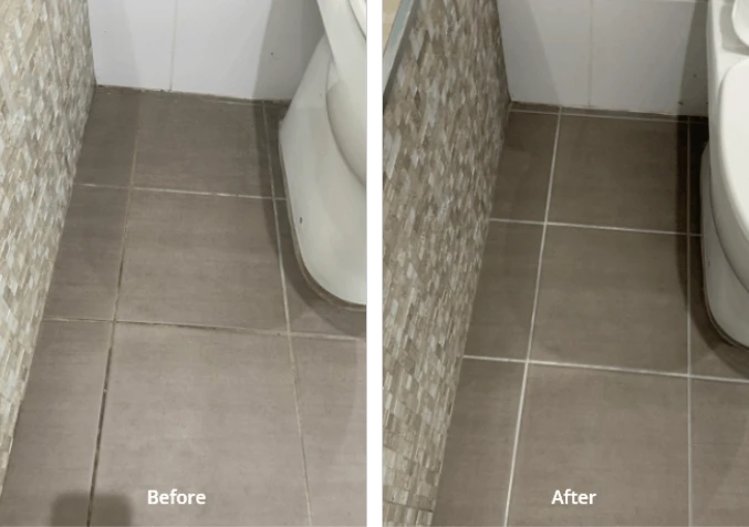 bathroom tile floors before and after a cleaning and grout colour sealing 2