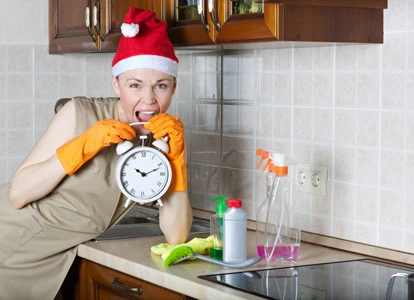 woman worrying speed cleaning while holding clock