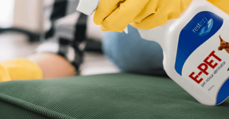 Applying enzyme cleaner to a sofa to treat pet urine and protein-based odours