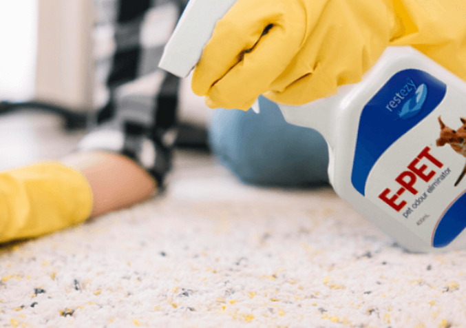 Close-up of hand spraying enzyme cleaner on carpet to treat urine odour.